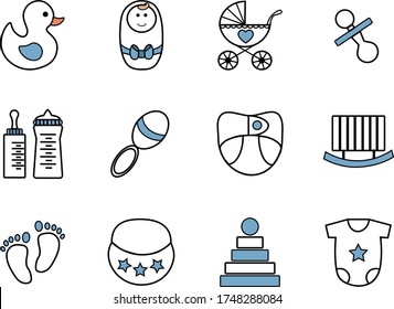 Baby born icons set with different child and motherhood symbols and accessories elements. Isolated 55x45 pixels pictograms vector illustration. Baby boy icons.
