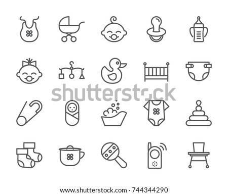 Baby born pixel perfect icons set with different child and motherhood symbols and accessories elements. Isolated 48x48 pixels pictograms vector illustration.