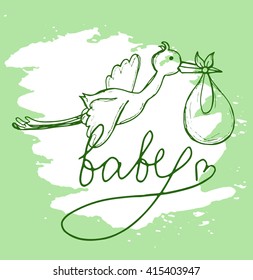 Baby born set. Stork with baby. Vector illustration.