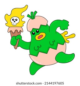 baby born from shell holding torch running, vector illustration art. doodle icon image kawaii.