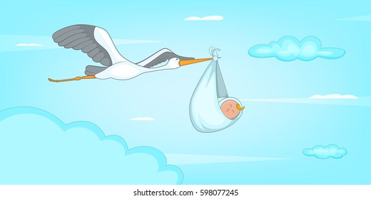 Baby born stork horizontal banner concept. Cartoon illustration of baby born stork vector horizontal banner for web