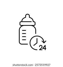 Baby bottle and 24 hours clock. Constant children care, feeding and support. Pixel perfect vector icon