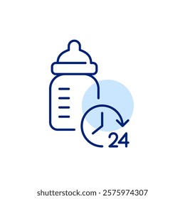 Baby bottle and 24 hours clock. Constant children care, feeding and support. Pixel perfect, editable stroke icon