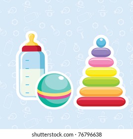Baby bottle, ball and pyramid. Vector Stickers