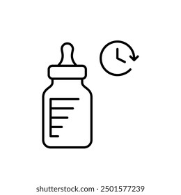 Baby bottle and clock. Feeding time, correct routine. Pixel perfect vector icon