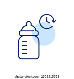 Babyflasche und Uhr. Säuglingsnahrung. Pixel perfekt, bearbeitbares Strichsymbol