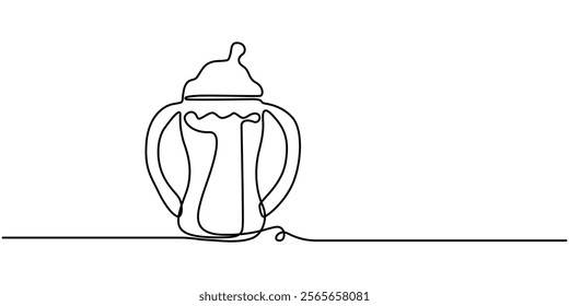 Baby Bottle Continuous Line Illustration, Continuous editable drawing of baby bottle. Baby milk bottle icon in one pro, One Continuous Line Drawing of Baby Feeder Icon. Single pro Vector. outline.