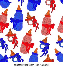 Baby bottle and dummy seamless pattern on the white background. Hand drawn.