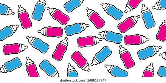 Baby bottle. Empty bottles or milk for baby feeding in bottle. Feeding bottle. Bottle of baby milk. Nutrition in the container for a newborn. Baby twins, boy or girl. Love heart, blue or pink sign.