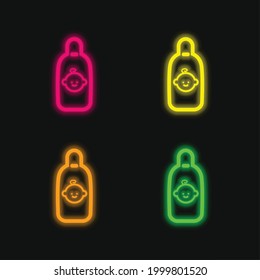 Baby Bottle With Baby Face four color glowing neon vector icon