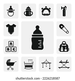 Icono de la red plana de la botella de bebé. Diseño vectorial de icono negro sólido de silueta de botella alimentador. Conjunto de iconos de bebé