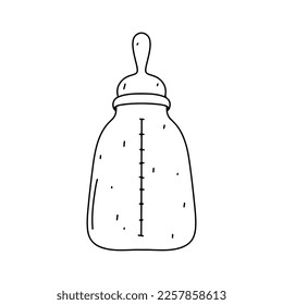 Baby bottle in hand drawn doodle style. Vector Illustration Isolated on white background. Coloring page.