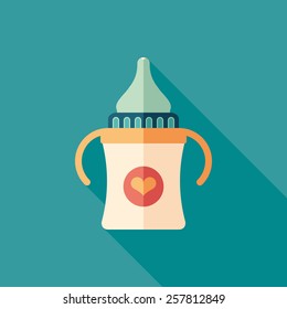 Baby bottle with handles flat square icon with long shadows. 
