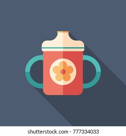 Baby bottle with handles flat square icon with long shadows.