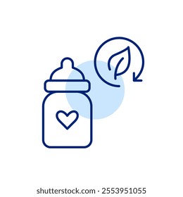 Baby bottle with heart and leaf in recycling arrow. Green feeding, natural eco-friendly products for children. Pixel perfect, editable stroke icon