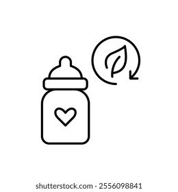 Baby bottle with heart and leaf in recycling arrow. Green feeding, natural eco-friendly products for children. Pixel perfect vector icon