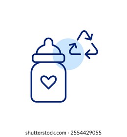 Baby bottle with heart on it and recycling arrows. Eco-friendly package for children feeding. Pixel perfect, editable stroke icon