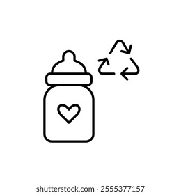 Baby bottle with heart on it and recycling arrows. Eco-friendly package for children feeding. Pixel perfect vector icon