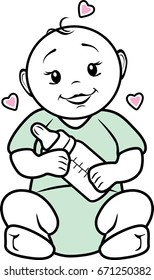 Baby with a bottle in his hands. Icon for baby food. Vector