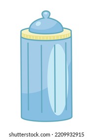 Baby Bottle Icon. Accessory And Equipment For Convenient Feeding Of Newborns. Poster Or Banner For Website. Graphic Element For Printing On Fabric. Plastic Utensils. Cartoon Flat Vector Illustration