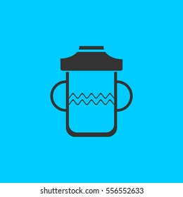 Baby bottle icon flat. Simple vector black pictogram on blue background