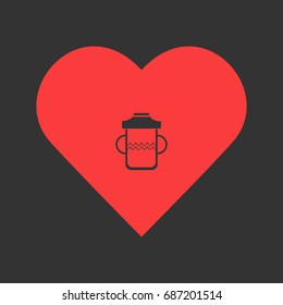 Baby bottle icon flat. Simple pictogram on heart background. Vector illustration symbol