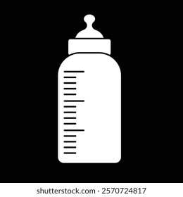 Baby bottle icon, baby milk bottle vector illustration, dairy product clipart, baby feeding bottle pacifier clip art, white on black background