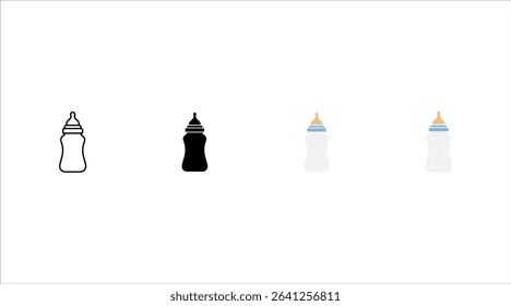 Baby bottle icon set. Simple and cute infant feeding bottle clipart illustration. Features a blue and yellow design with milk or formula inside.