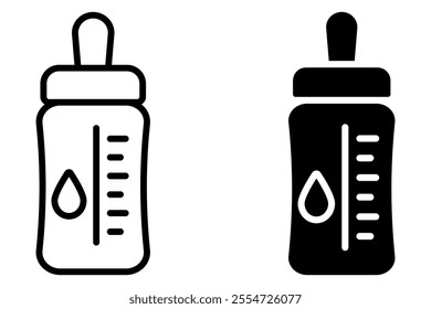 Baby bottle icon in thin line style black illustration isolated on white background for graphic and web design.