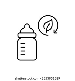 Baby bottle and leaf in recycling arrow. Sustainable feeding, natural food. Pixel perfect vector icon