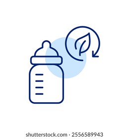 Baby bottle and leaf in recycling arrow. Sustainable feeding, natural food. Pixel perfect, editable stroke icon