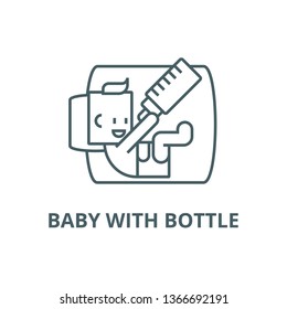 Baby with bottle line icon, vector. Baby with bottle outline sign, concept symbol, flat illustration