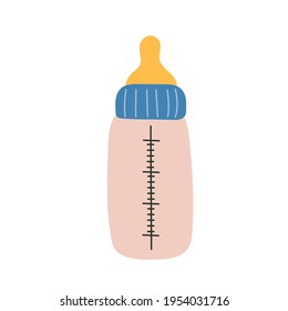 Baby bottle for milk or mixtures, Baby food utensils, Items for children, Vector clip art.