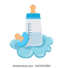 leche de botella de bebé con un pacificador en el diseño de ilustración de vector de nube