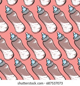 Baby bottle with milk seamless pattern. Baby care drawn background