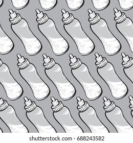 Baby bottle with milk seamless pattern. Baby care drawn background