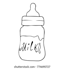 Baby bottle of milk vector illustration. Doodle style. Design, print, decor, textile, paper