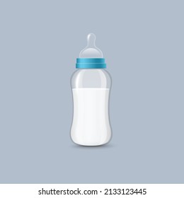 Baby Bottle Mockup 3d Realistic Vector Illustration Isolated On Neutral Background. Newborn Feeding Plastic Bottle With Milk Or Infant Liquid Nutrition.