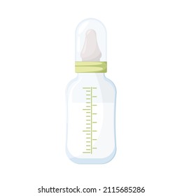 Baby bottle with pacifier, cap and measuring scale. Milk, Nutrition for newborn. Milk mixture for baby. For children's goods store. Childhood. Products for children. Vector illustration