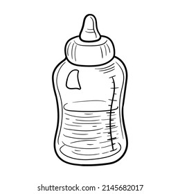 Baby Bottle With Pacifier. Isolated On White Background. Milk Bottle Sketch. Doodle. Vector Icon.