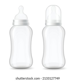 Baby bottle with pacifier and plastic cap, realistic 3d vector illustration isolated on white background. Set of newborn feeders for milk and water.