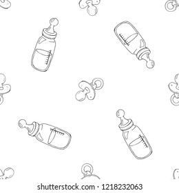 Baby bottle with pacifier seamless pattern. Vector illustration seamless pattern bottle with pacifier for baby. Cute baby background seamless pattern. Hand drawn.