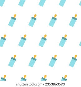 Baby bottle with pacifier, seamless pattern, vector. Blue bottles with a pacifier for babies on a white background.