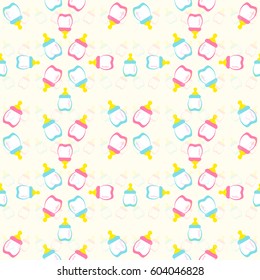 Baby bottle pink and blue on a yellow background. Kids seamless pattern. EPS 10