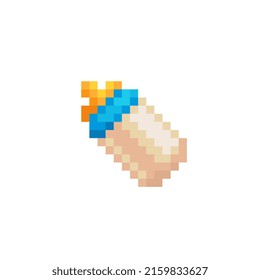 Baby bottle, pixel art icon. Design for logo, sticker, mobile app, website, badges and patches. 8-bit sprite. Isolated vector illustration.