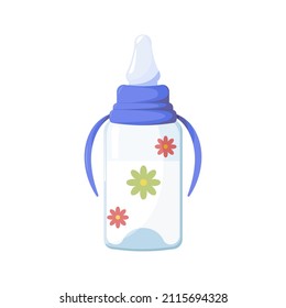 Babyflasche mit Plastikgriffe und Pazifik-Nippel. Behälter für Milch, Ernährung für Neugeborene. Milchmischung für Säuglinge. Für Kinder Warenlager. Kindheit. Produkte für Kinder. Vektorgrafik