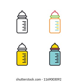 Baby bottle with scale flat simple line icons set.