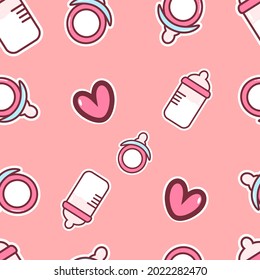 Baby Bottle Seamless Pattern isolated with pink background