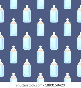 Botella de bebé, patrón sin soldadura en un fondo azul oscuro.