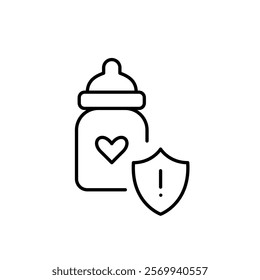 Baby bottle and shield with exclamation mark. Contamination warning, hazard notice for infant feeding. Pixel perfect vector icon